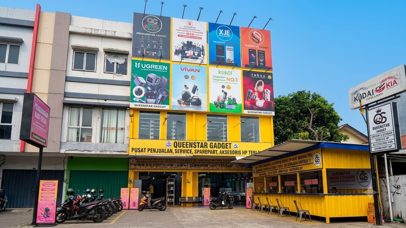 Tampak depan fisik toko Queenstar Gadget Ciledug yang nyata dan modern